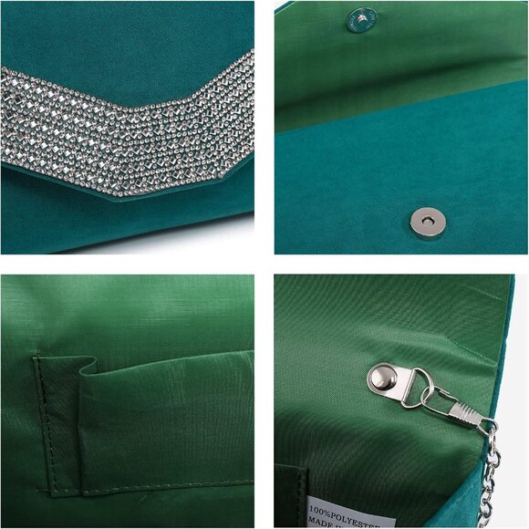 Women's Green Evening Formal Party Clutches Cocktail Prom Velvet Handbags - Picture 3 of 5